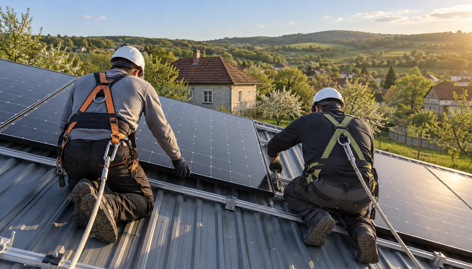 Doi montatori fixează panouri solare pe un acoperiș de tablă