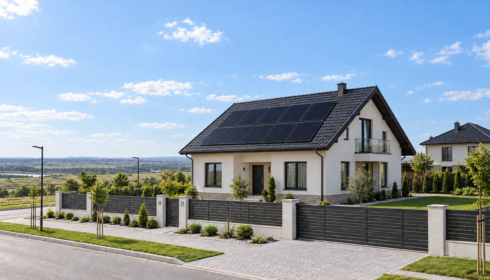 Casă nouă cu zece panouri solare pe acoperiș, la amiază